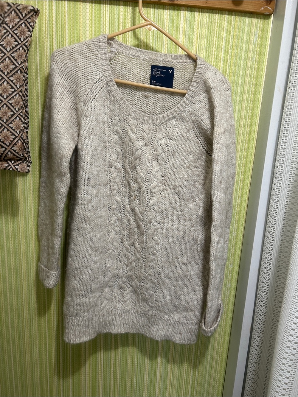 American Eagle Outfitters Cream Cable-Knit Scoop Neck Sweater